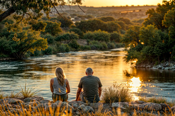 Man and woman sitting on rock looking at river at sunset.