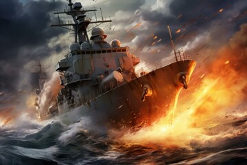 Obraz premium Dramatic illustration of a warship battling rough seas and fiery explosions