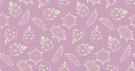 Seamless pattern with dragon fruits isolated on pink background. Vector Illustration of the exotic tropical pitayas.