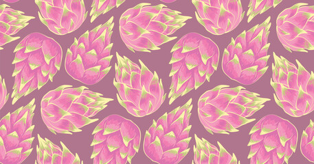 Seamless pattern with dragon fruits isolated on pink background. Vector Illustration of the exotic tropical pitayas.