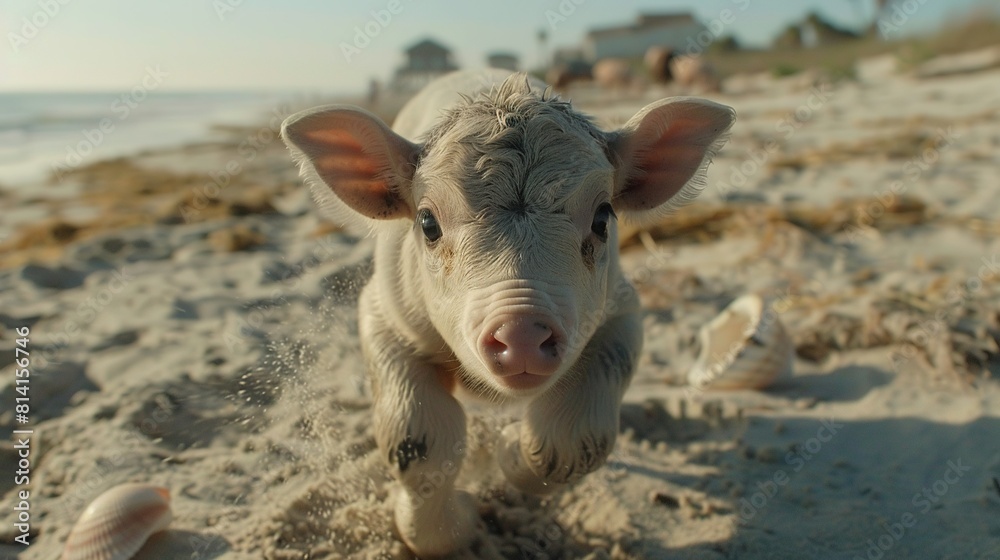 Sticker   A calf perched atop a sandy shore beside a waterbody and a house in the backdrop