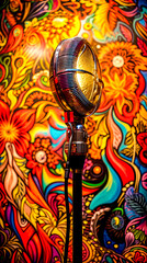 Microphone on tripod stands in front of colorful background of flowers.