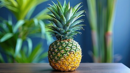 Obraz premium A pineapple perched atop a wooden table, surrounded by potted plants and positioned against a blue backdrop