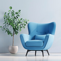 A blue chair and a green plant against a grey wall.