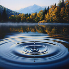 A serene lake reflects autumn trees and mountains, disrupted by a water droplet creating ripples.