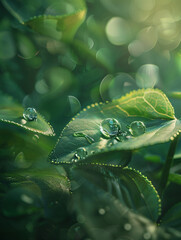  Dew drops adorn a vibrant green leaf amidst a lush, illuminated foliage.