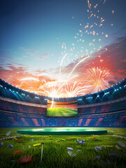 A stadium with fireworks, a sunset sky, and flowers on the field.