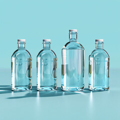 Four clear glass bottles of different sizes aligned on a turquoise background.