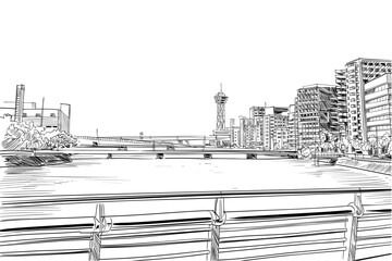 Fukuoka city sketch. Japan. Hand drawn vector art illustration.