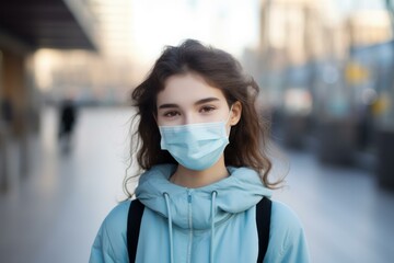 Portrait of a young female wearing a face mask in an urban setting, looking at the camera - Powered by Adobe