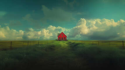 A lone red house sits amidst vast green fields under a dramatic sky.