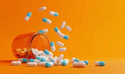Pills spill from a bottle on a vibrant orange background.