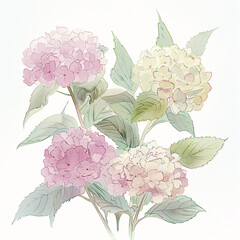 Delicate illustration of colorful hydrangeas with detailed petals and leaves, showcasing artistic skill.