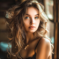 Naklejka premium A woman with long blonde hair and a black tank top is posing for a photo