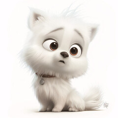 A cute, fluffy white animated kitten with big brown eyes looks surprised.