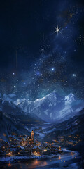 A starry night sky illuminates a snowy mountain village, creating a serene and magical atmosphere.