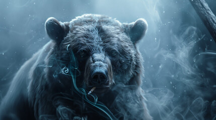 Bear amidst a mystical, foggy atmosphere with blue smoke swirling around.