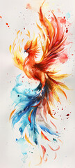Vibrant painting of a phoenix with fiery and icy wings, symbolizing contrast and harmony.