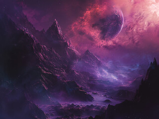 A mystical landscape under a radiant, purple sky with a looming planet, surrounded by towering mountains and serene waters.