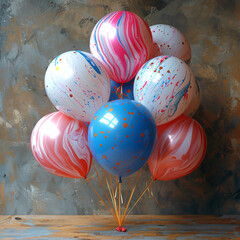 Colorful balloons with unique patterns against a textured wall create a visually appealing contrast.