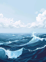 Digital painting of turbulent ocean waves under a cloudy sky.