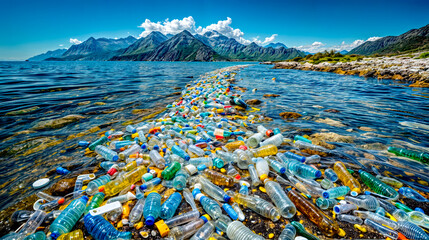 Large amount of plastic bottles floating on top of body of water.