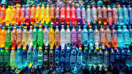 Bunch of water bottles are stacked on top of each other for sale.