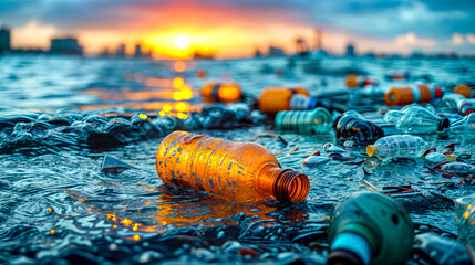 Group of plastic bottles floating on top of body of water with sunset in the background.