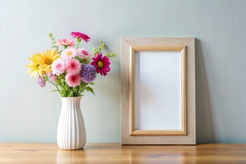 Flower in vase and frame on wooden table