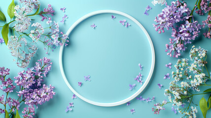 Lilac and Blue Floral Circle Frame on Turquoise Background