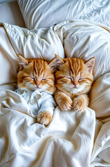 Couple of cats laying on top of bed covered in white sheets.