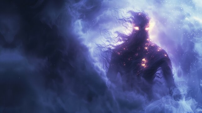 Ethereal creepy glowing Demon walking through the galaxy at night