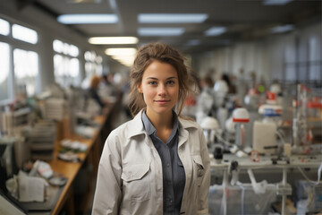 Portrait of a young scientist woman in her laboratory. Generative ai image.