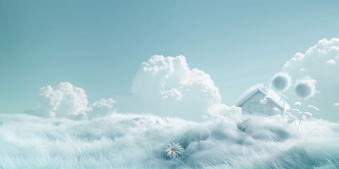 A serene landscape of a small house amidst fluffy clouds, with soft grass and flowers, under a bright sky.