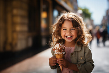 Little smiling blonde girl having an ice cream. Generative ai image.