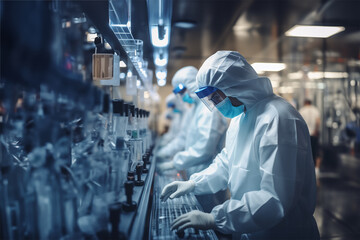 Operators dressed in protective suits working in a laboratory laboratory. Generative ai image.