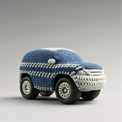 Model car covered in blue and white knitted fabric, showcasing a unique textured design.