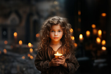 Portrait of a girl with wavy hair holding a candle. Generative ai image.