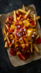 Fries topped with beef, cheese and onions