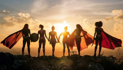 Silhouettes of five superheroes with capes standing on a mountain at sunset