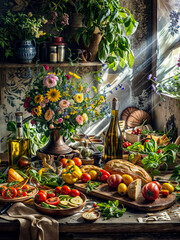 Painting of table full of food and flowers in vases and bottles.
