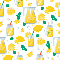 Cartoon seamless pattern with lemonade.Summer refreshing drink in a glass, jug and jar, whole and sliced lemons, mint leaves.Vector colorful design for use in backgrounds,wallpaper,fabric,packaging.
