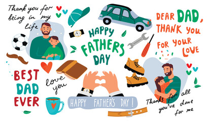 Happy Father's Day cartoon collection with hand written, dad with child, car, cap, book, soccer ball, wristwatch, belt, cup, mustache,boots.Vector objects set for use in card,banner template,stickers.