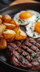 Steak, fried eggs and potatoes