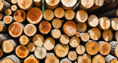 Timber Harvest: Nature's Lumber Stacks. Trunks of fallen trees lying in a pile