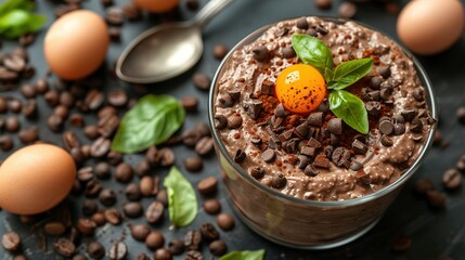 Fototapeta premium A close-up of a dessert in a glass on a table surrounded by coffee beans and an egg perched atop it