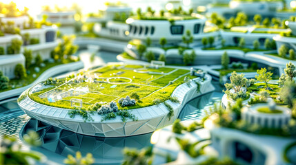 Model of soccer field surrounded by greenery and city in the background.
