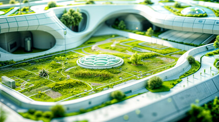 Model of futuristic building with green lawn and circular entrance.