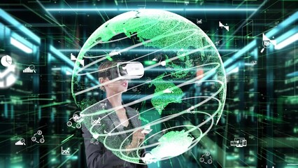 Woman selecting data dynamic market rotating green world distributing analysis by VR future global...
