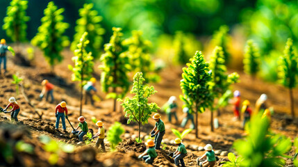 Group of miniature people working in the dirt with trees in the background.
